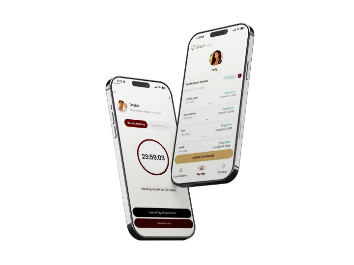 Two Velvet Verify app screens showing shared results and verification status
