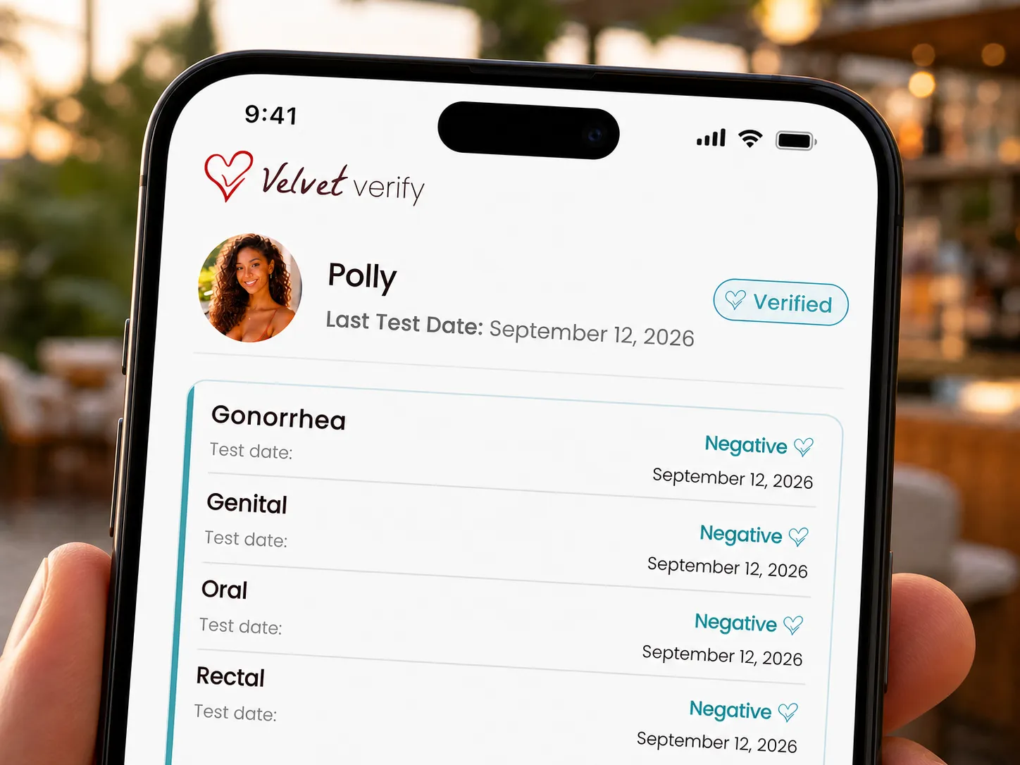 Velvet Verify app screen showing a Verified badge, test date, and organized STI result information