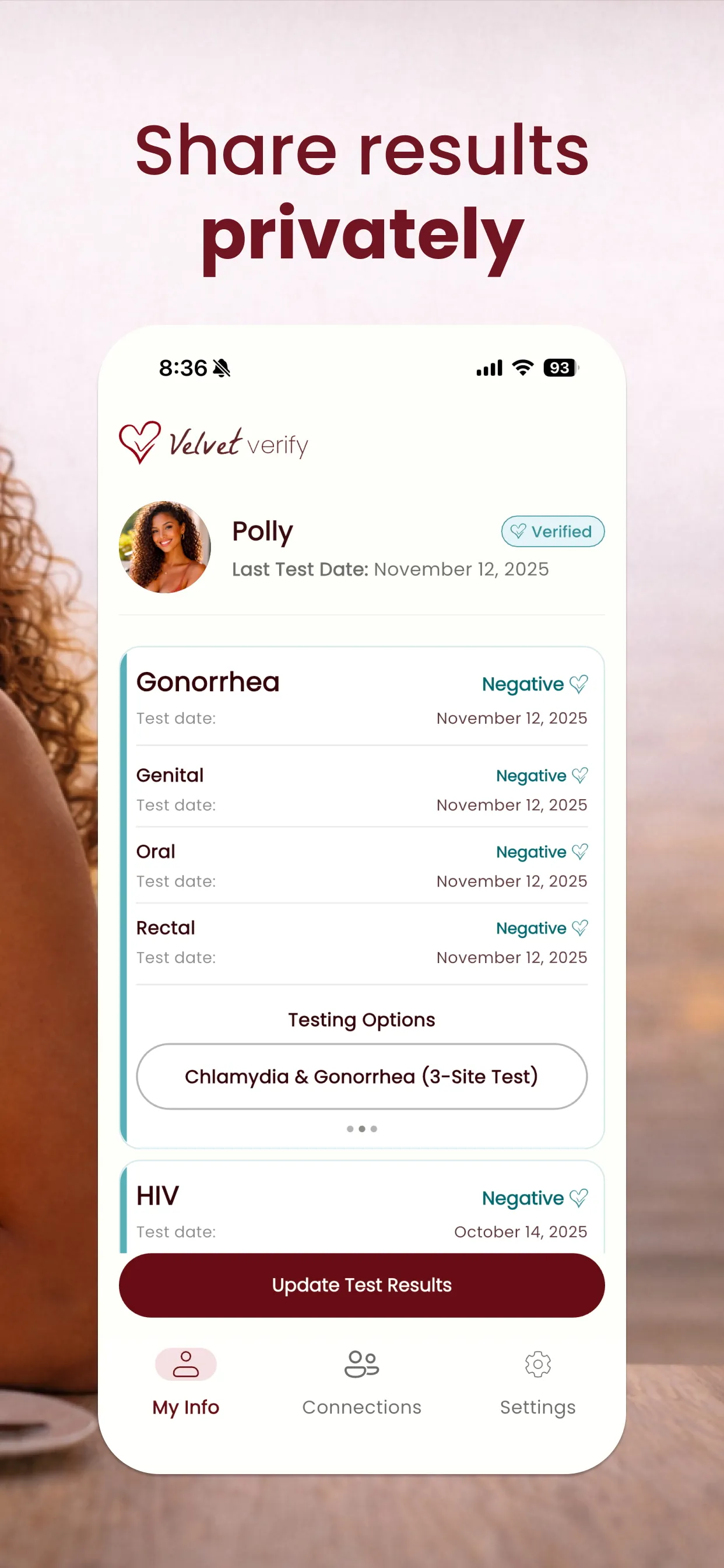 Velvet Verify app screen showing privately shared STI test results with a Verified status