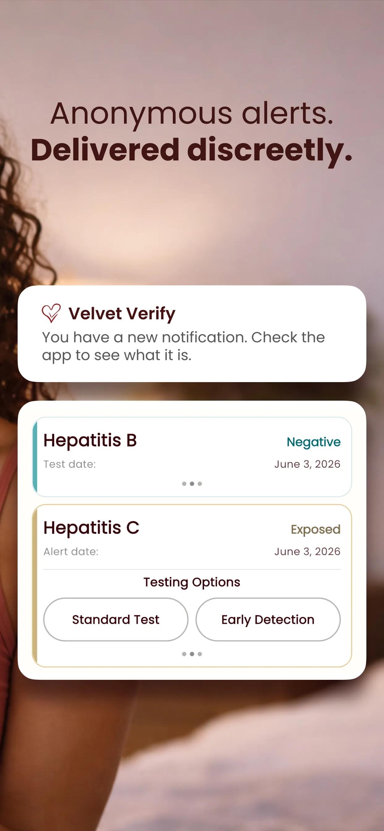Velvet Verify artwork showing a discreet notification and an in-app exposure alert with testing options.